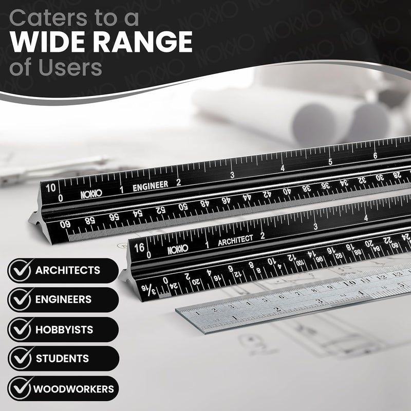 NOKKO 12 Inch Architectural and Engineering Scale Ruler Set - Professional Architect and Engineer Scale Rulers for Drafting, Architects, Engineers, Construction, Students, Metal Ruler 12 Inch Included - Image 2
